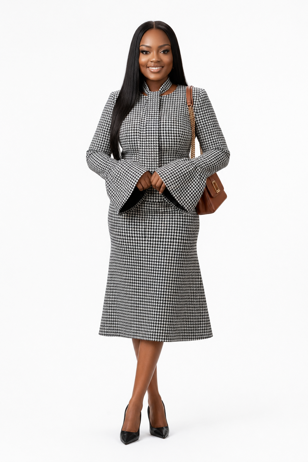 Houndstooth Bell-Sleeve Dress