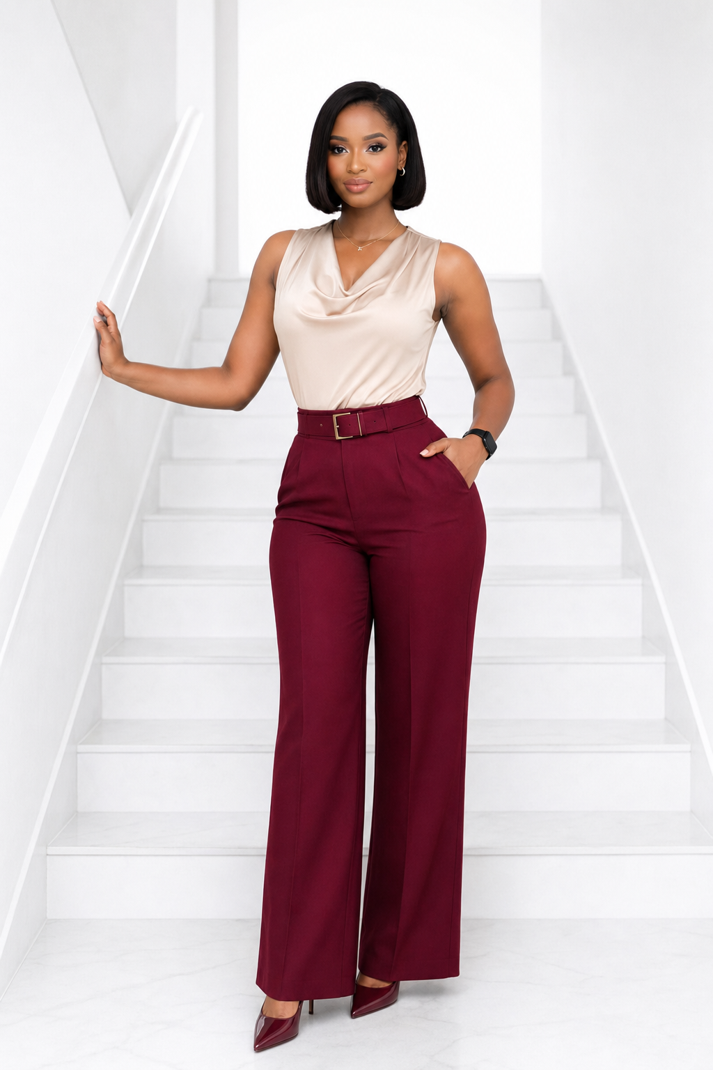 Champagne & Burgundy Blouse & Trouser Set