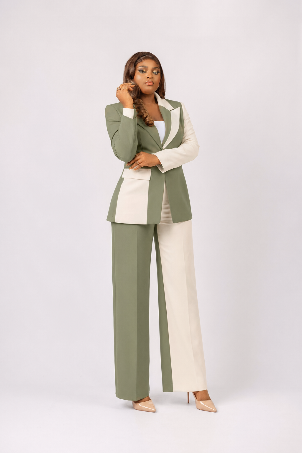 Olive & Cream Blazer & Trouser Set