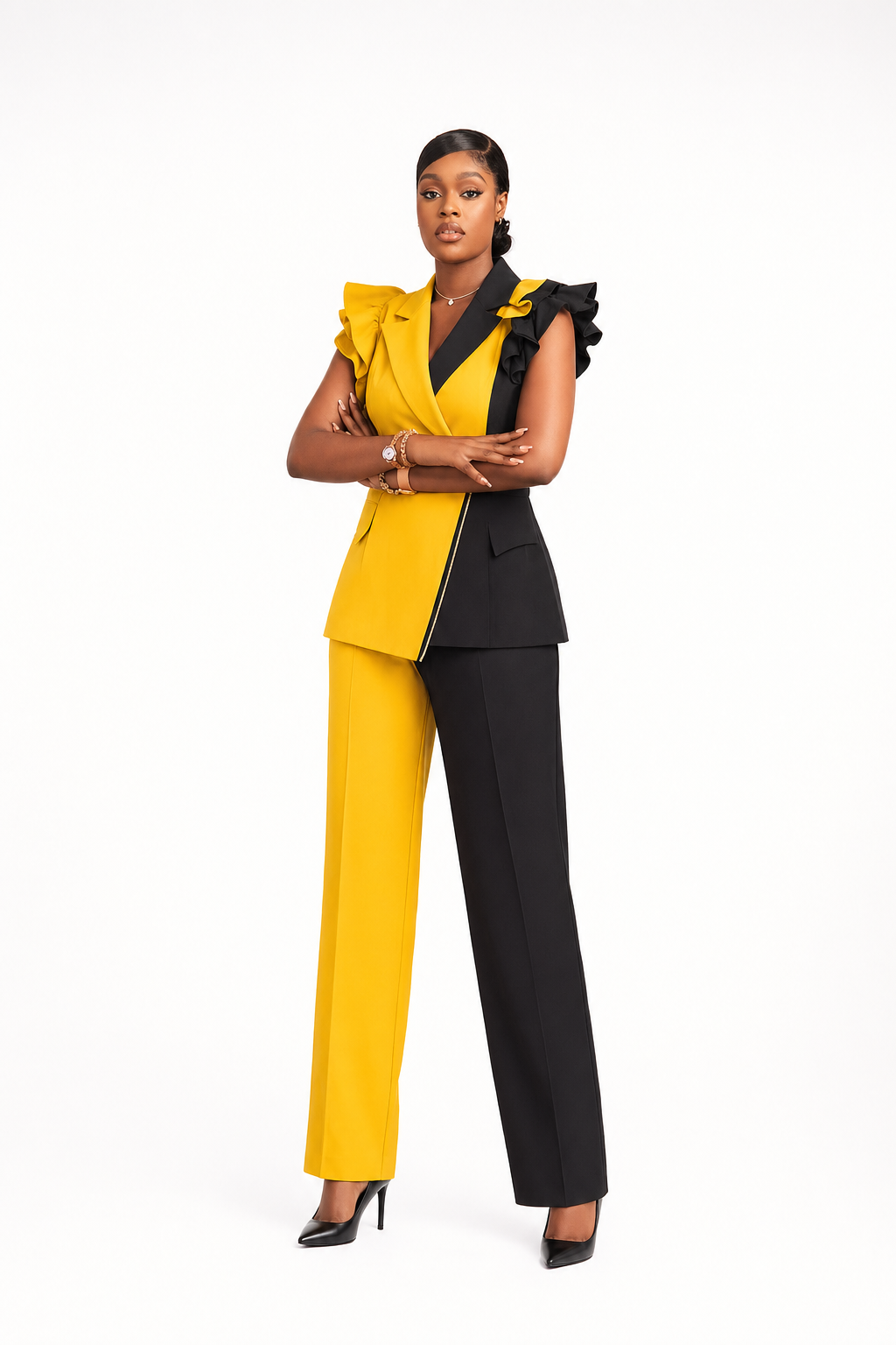Yellow & Black Blazer & Trouser Set
