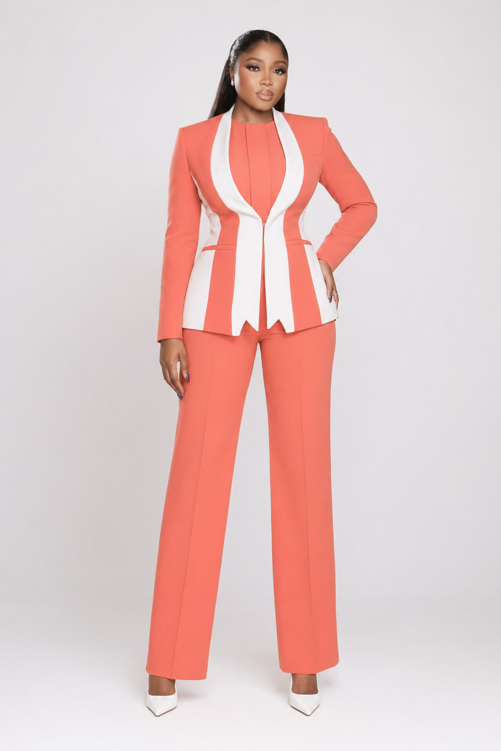 Coral & White Blazer & Trouser Set
