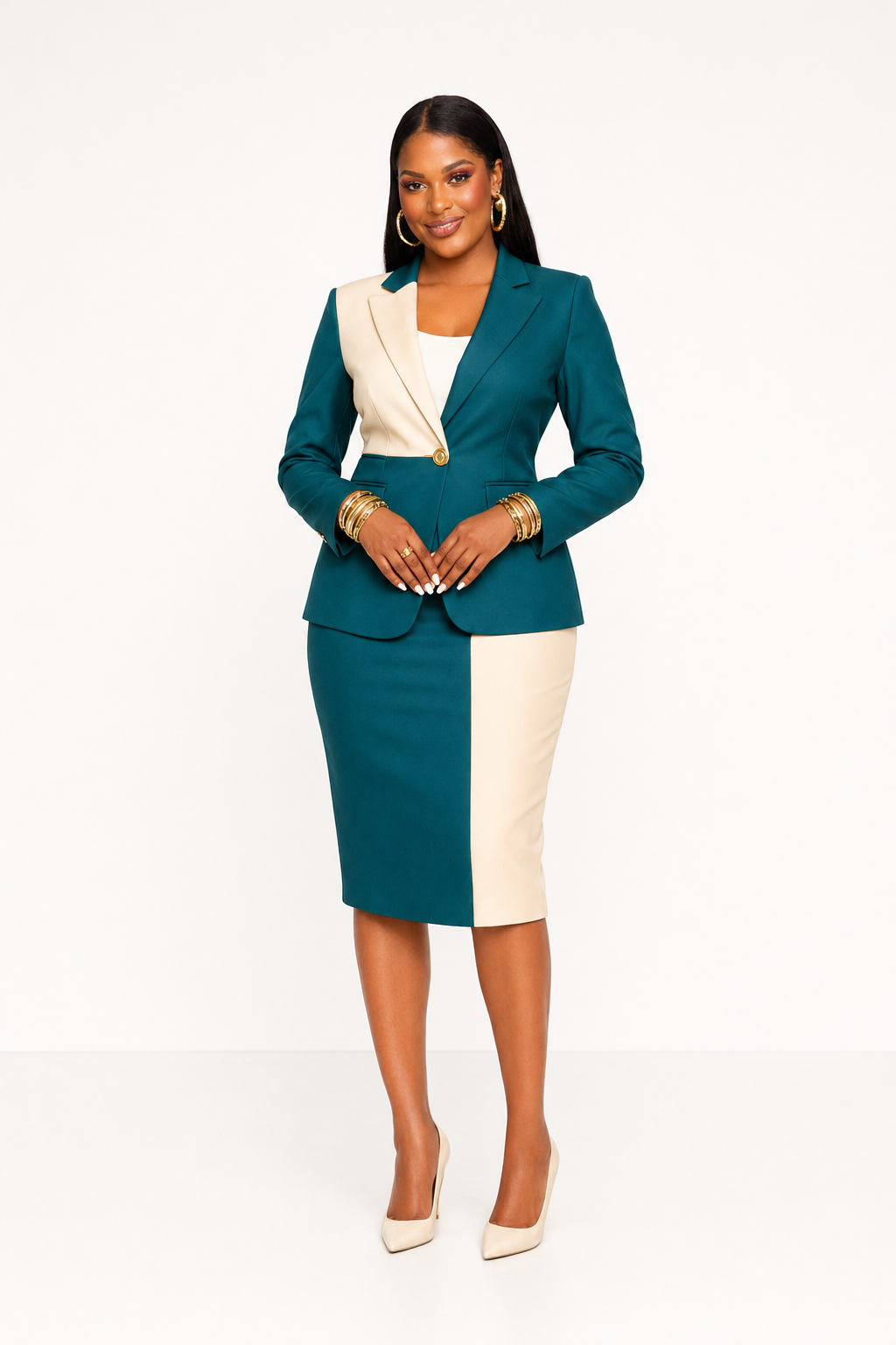 Teal & Cream Blazer & Skirt Set