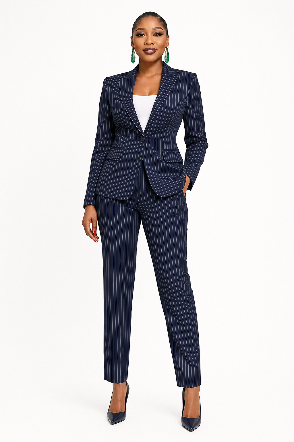 Navy & White Pinstripe Trouser Set
