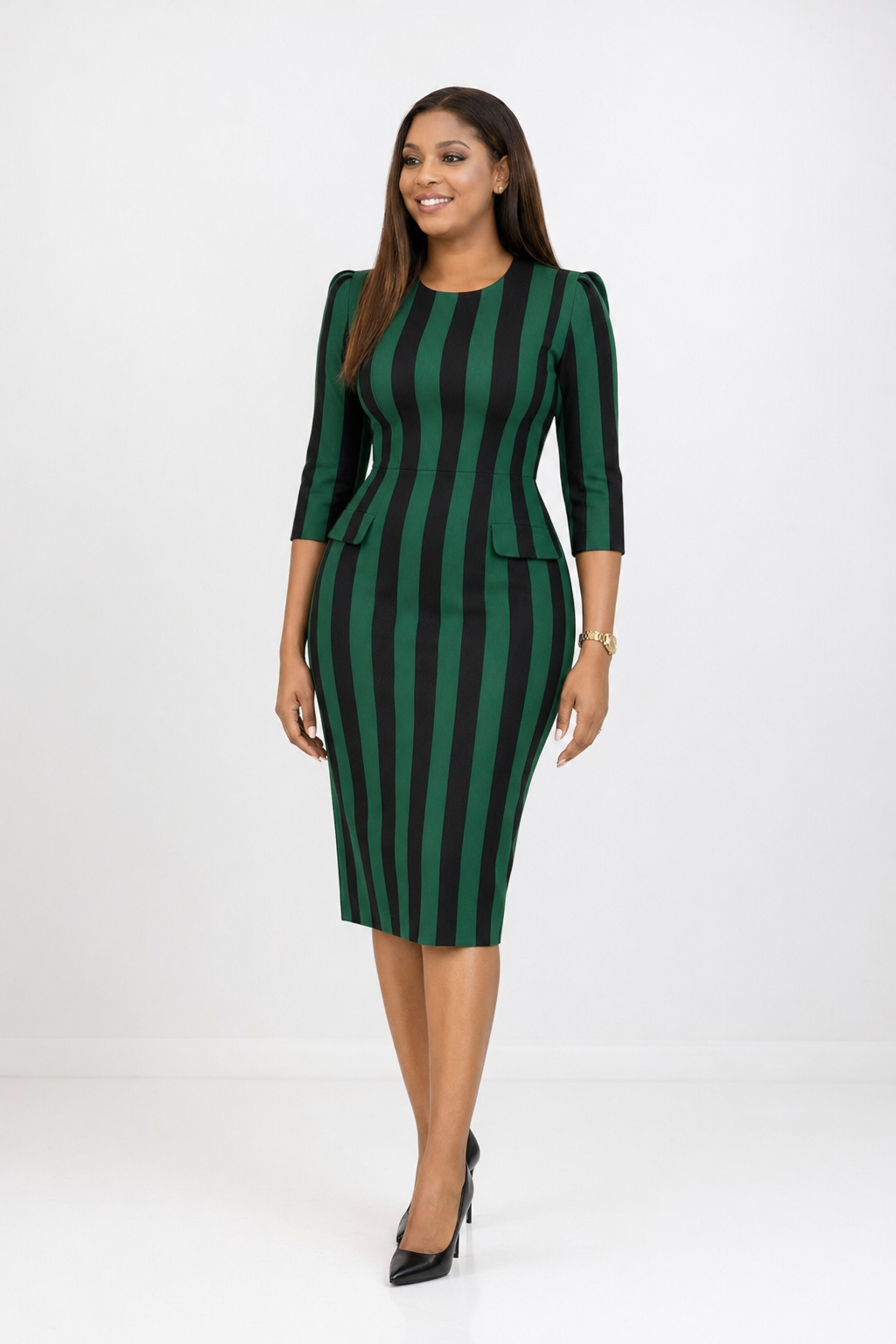 Green & Black Stripe Midi Dress